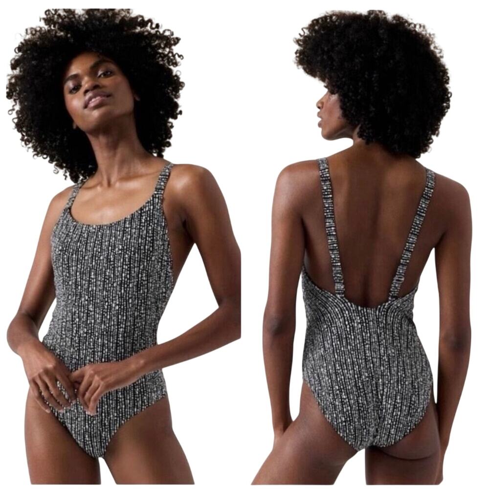 Athleta One-piece swim suit, black/white abstract dot, adjustable strap, Size L